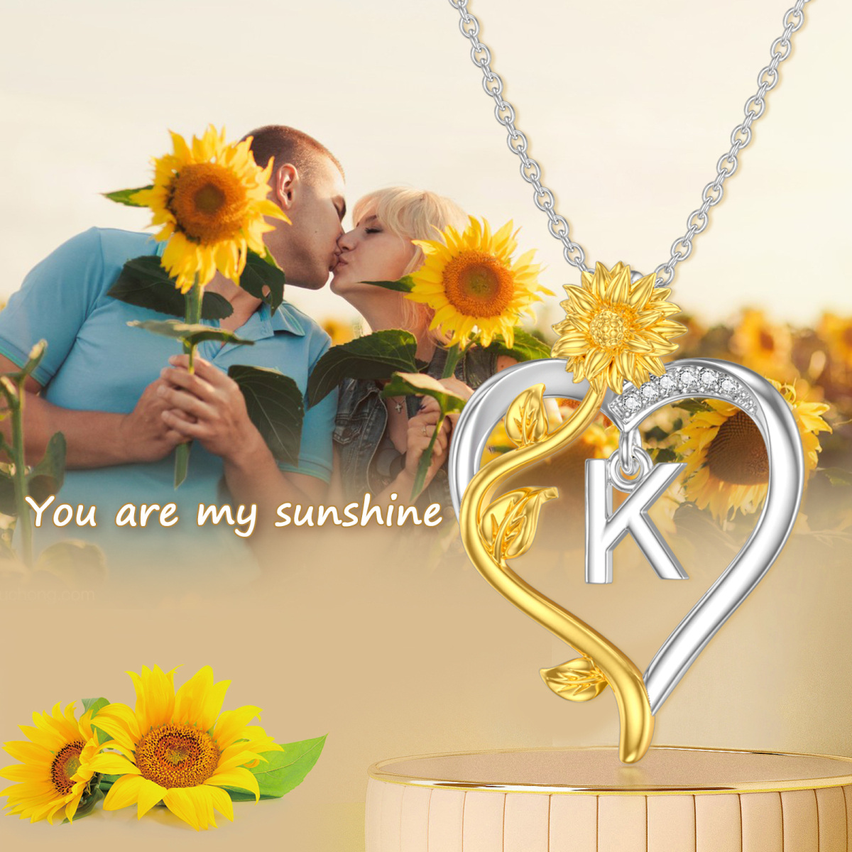 Sterling Silver Two-tone Circular Shaped Cubic Zirconia Sunflower & Heart Pendant Necklace with Initial Letter A-4