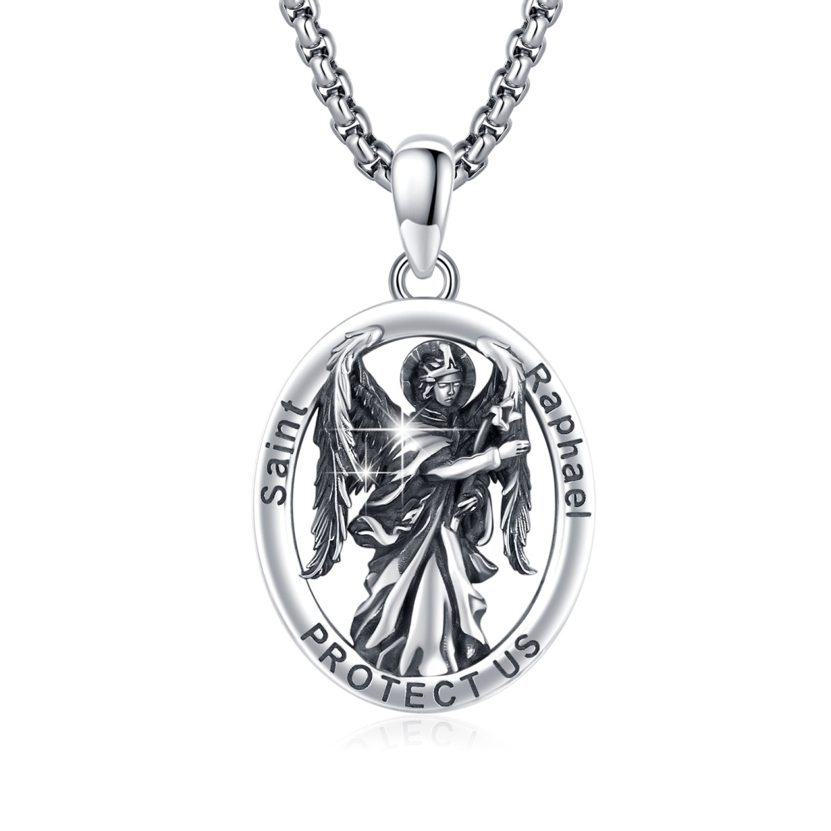 Collier en argent sterling à pendentif Saint Raphael Protect Us avec mot gravé-1