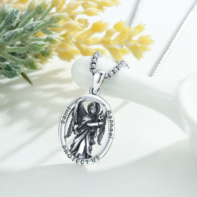 Collier en argent sterling à pendentif Saint Raphael Protect Us avec mot gravé-3