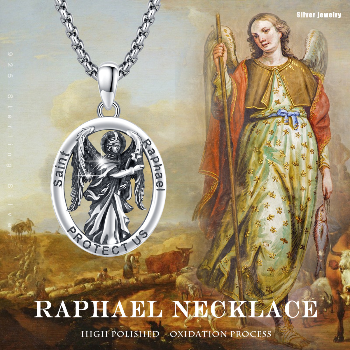 Collier en argent sterling à pendentif Saint Raphael Protect Us avec mot gravé-6