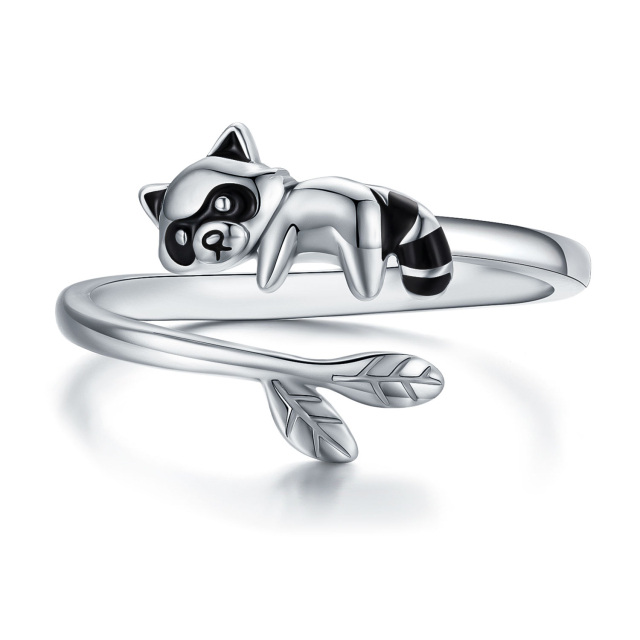 Sterling Silver Raccoon & Leaves Open Ring-0