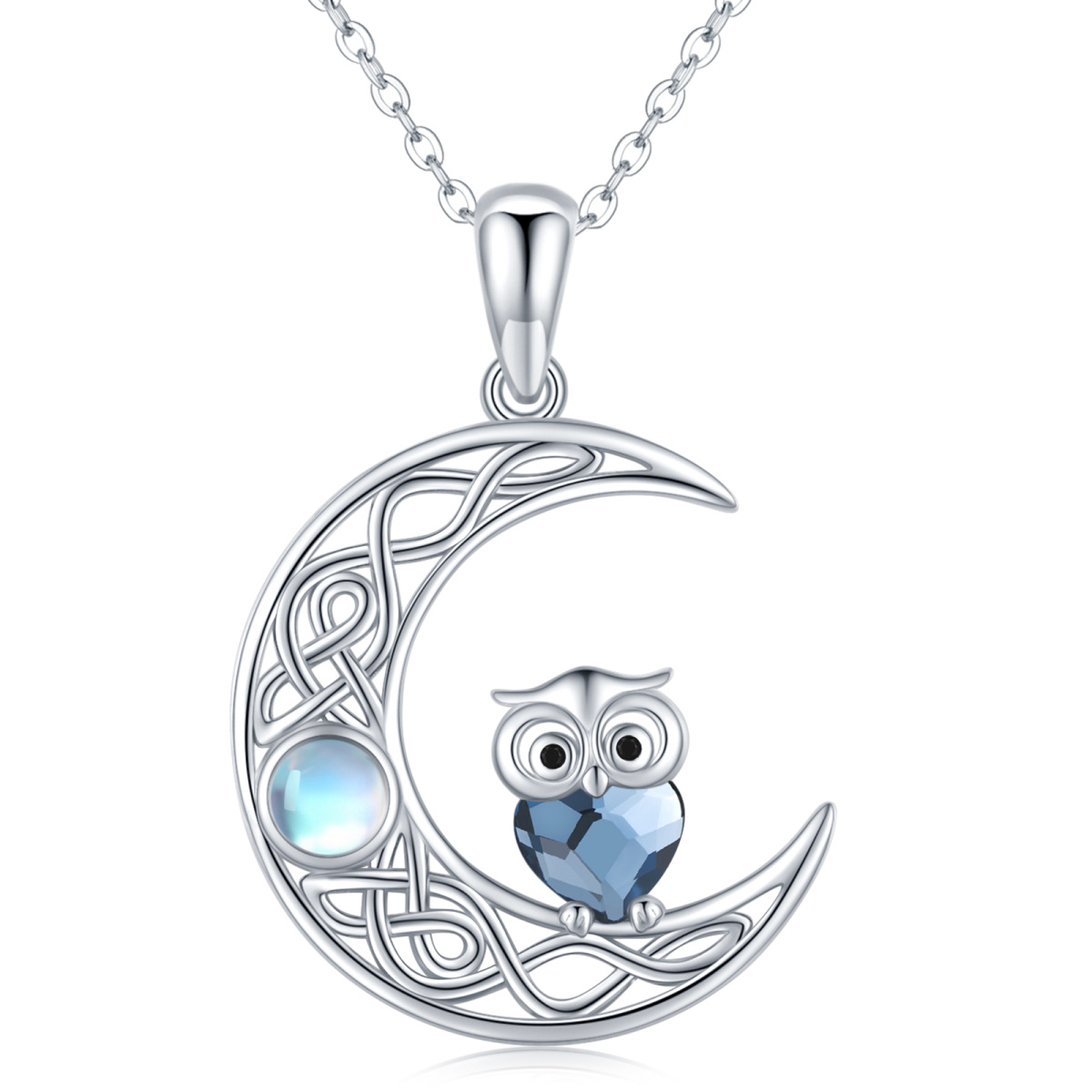 Sterling Silver Cubic Zirconia & Moonstone Owl & Heart & Moon Pendant Necklace-1