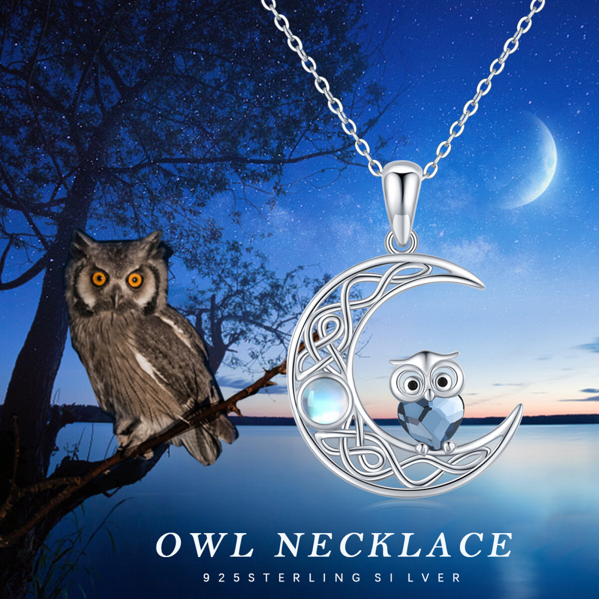 Sterling Silver Cubic Zirconia & Moonstone Owl & Heart & Moon Pendant Necklace-6