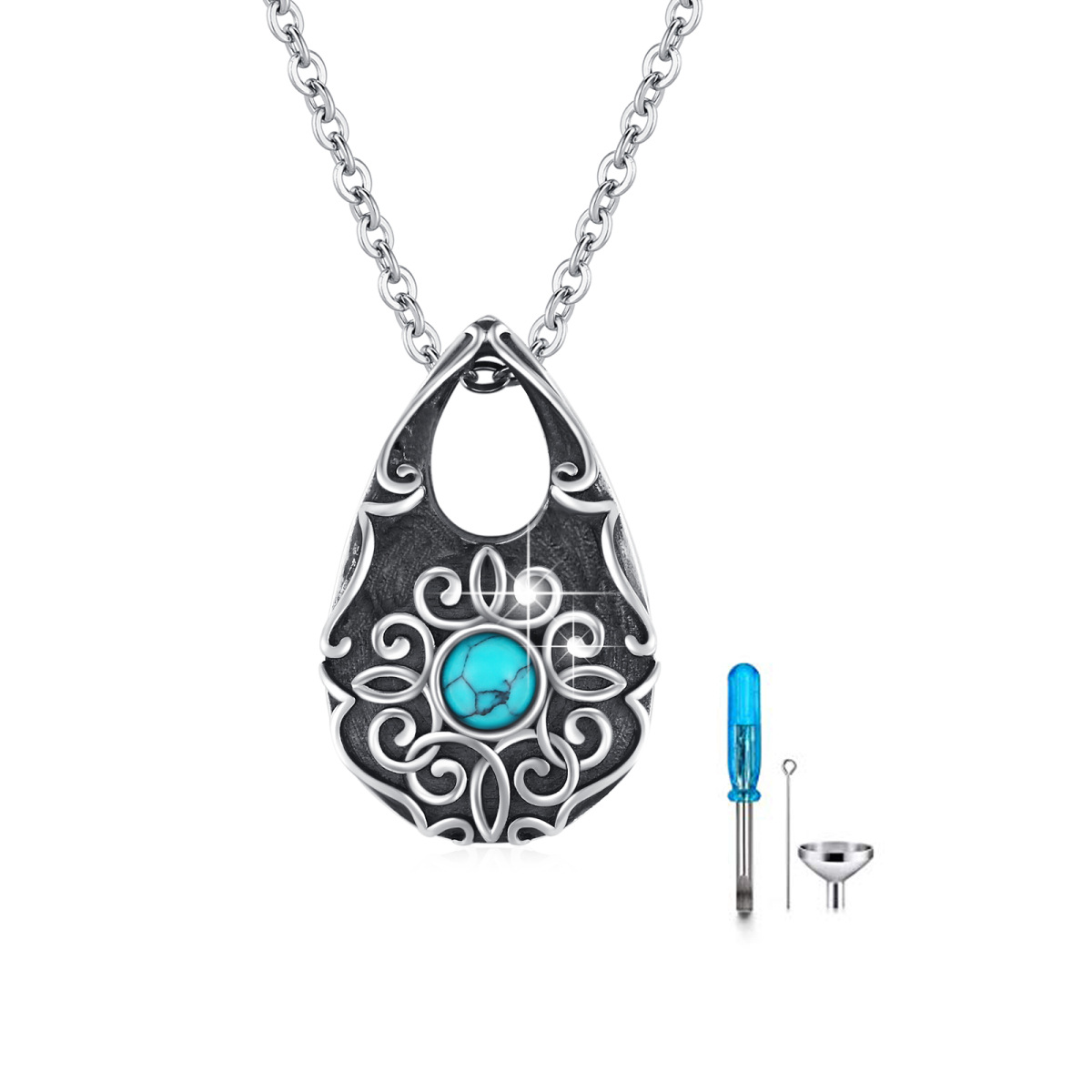 Sterling Silver Turquoise Drop Shape Urn Necklace for Ashes with Engraved Word-1