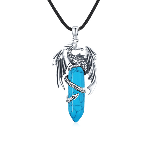colar de dragão em prata esterlina com pingente azul turquesa como pedra de cristal-0