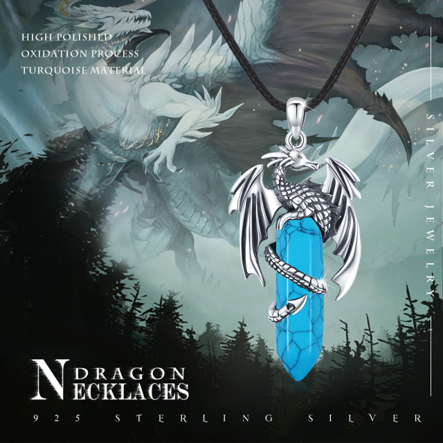 colar de dragão em prata esterlina com pingente azul turquesa como pedra de cristal-5
