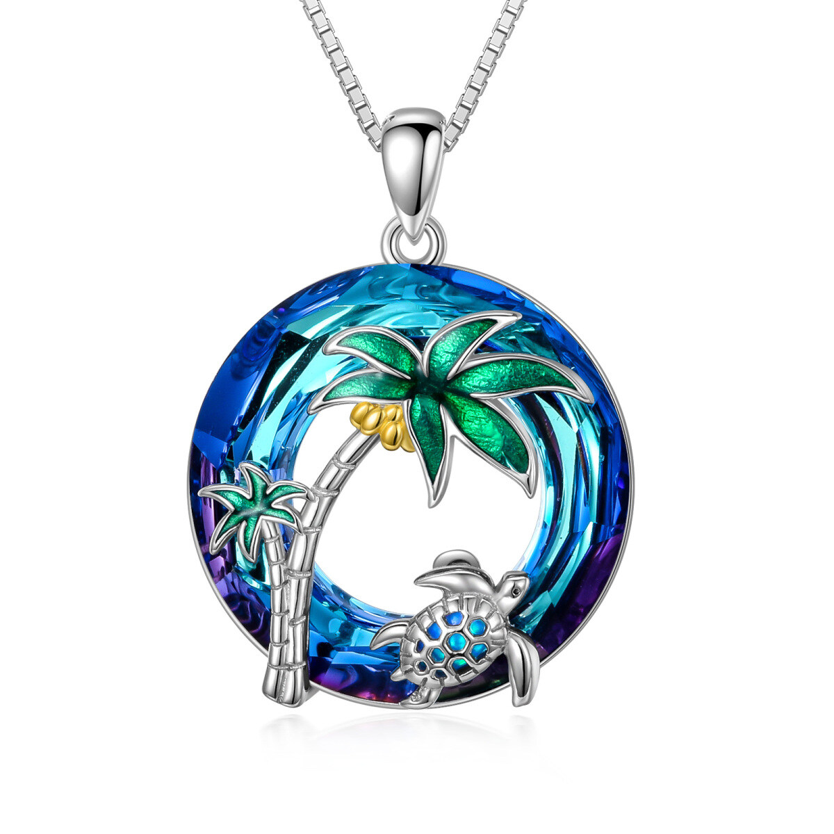 Sterling Silver Two-tone Circular Shaped Sea Turtle & Coconut Tree Crystal Pendant Necklace-1