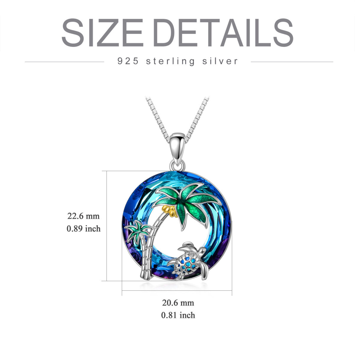Sterling Silver Two-tone Circular Shaped Sea Turtle & Coconut Tree Crystal Pendant Necklace-5