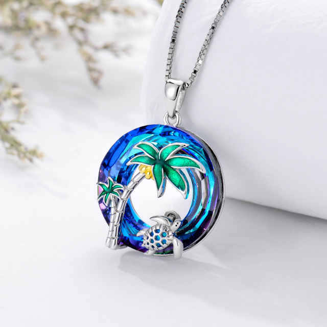 Sterling Silver Two-tone Circular Shaped Sea Turtle & Coconut Tree Crystal Pendant Necklace-2