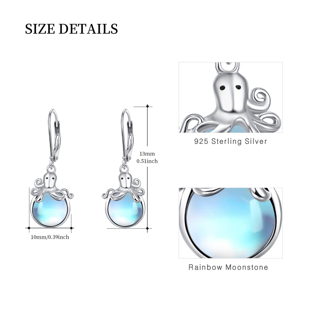 Sterling Silver Circular Shaped Moonstone Octopus Lever-back Earrings-5