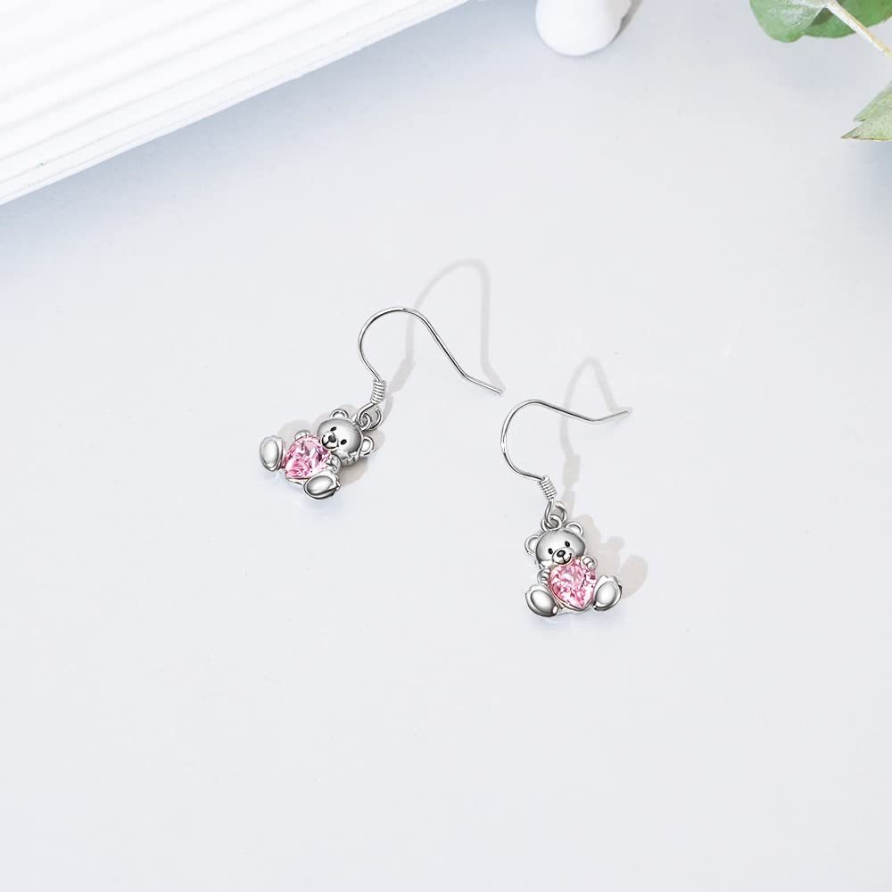 Sterling Silver Heart Shaped Crystal Bear & Heart Drop Earrings-4