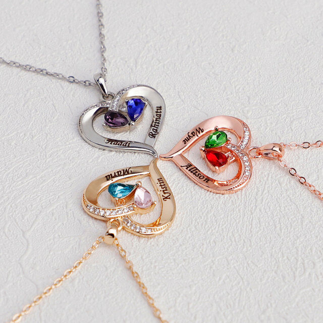 10K Gold Personalized Engraving & Birthstone Heart Pendant Necklace-2