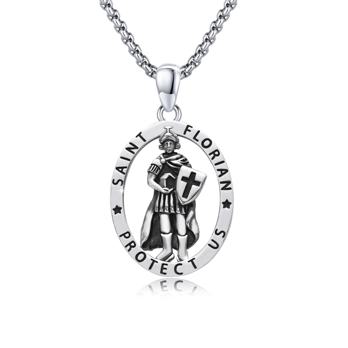 Sterling Silver Saint Florian Pendant Necklace with Engraved Word for Men-1