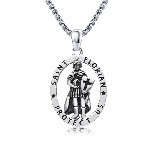Sterling Silver Saint Florian Pendant Necklace with Engraved Word for Men