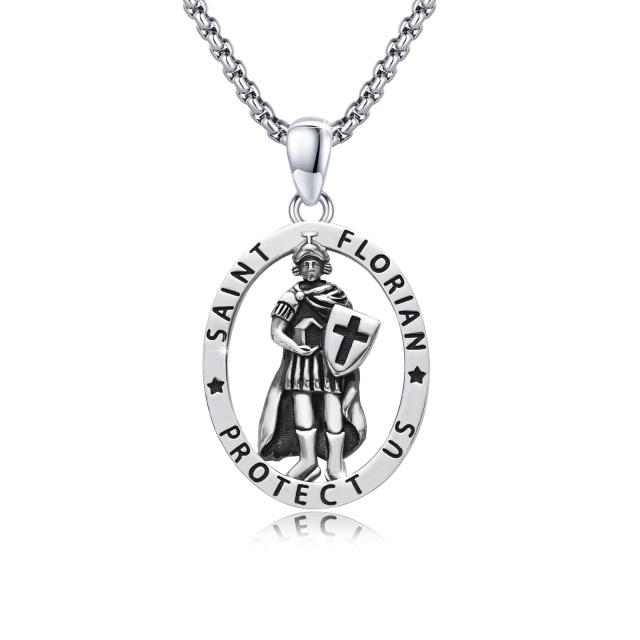 Sterling Silver Saint Florian Pendant Necklace with Engraved Word for Men-0