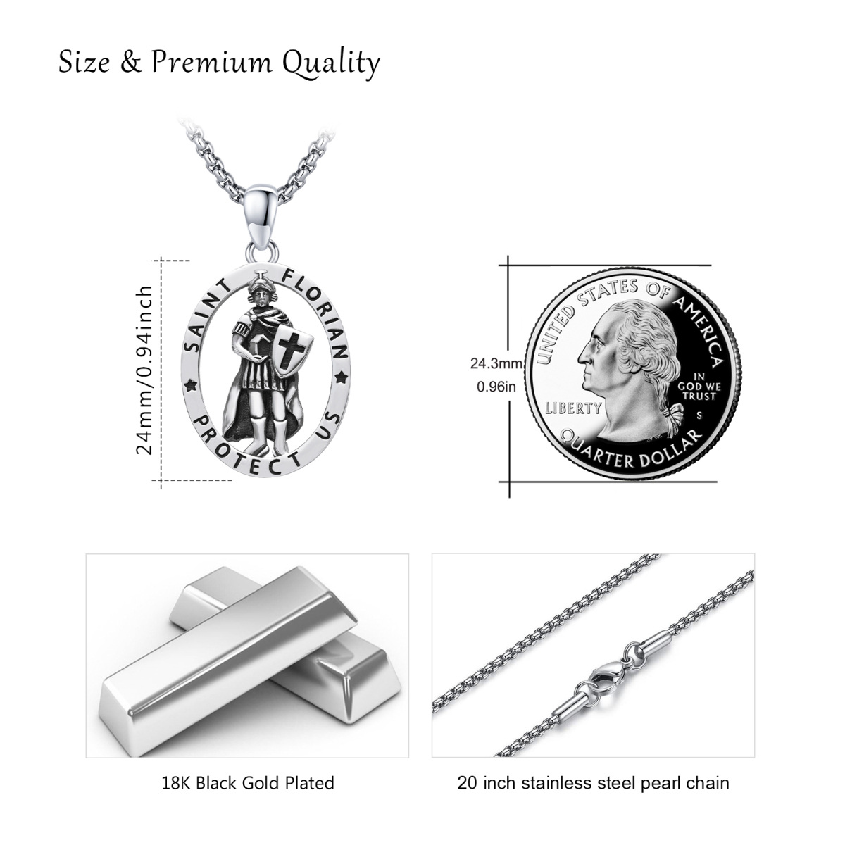 Sterling Silver Saint Florian Pendant Necklace with Engraved Word for Men-5
