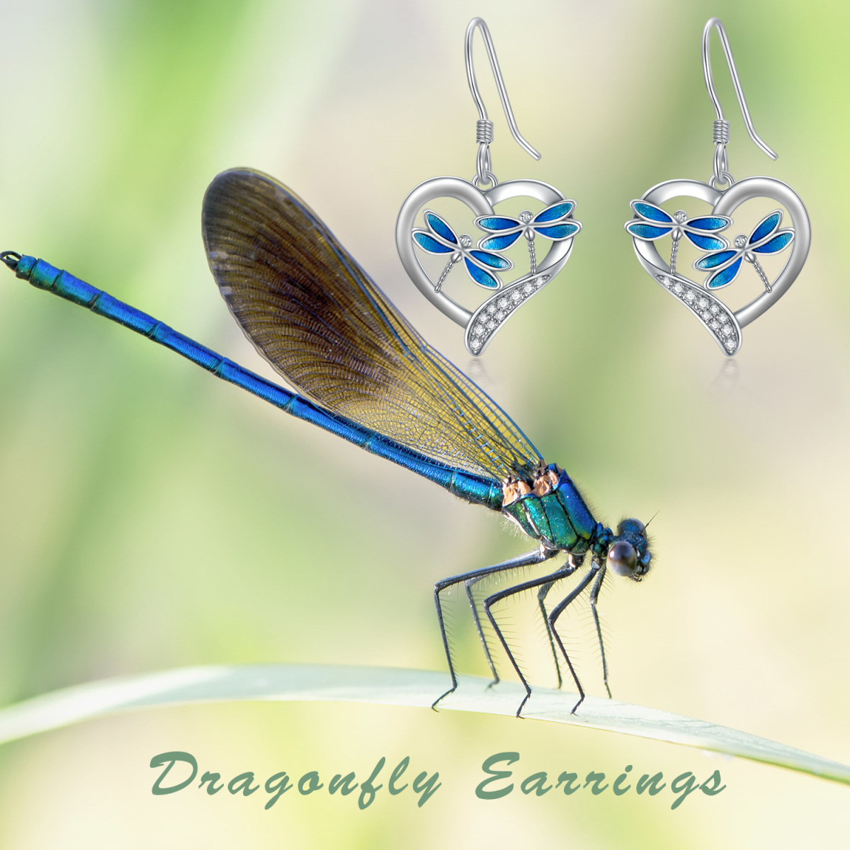 Sterling Silver Circular Shaped Cubic Zirconia Dragonfly & Heart Drop Earrings-6