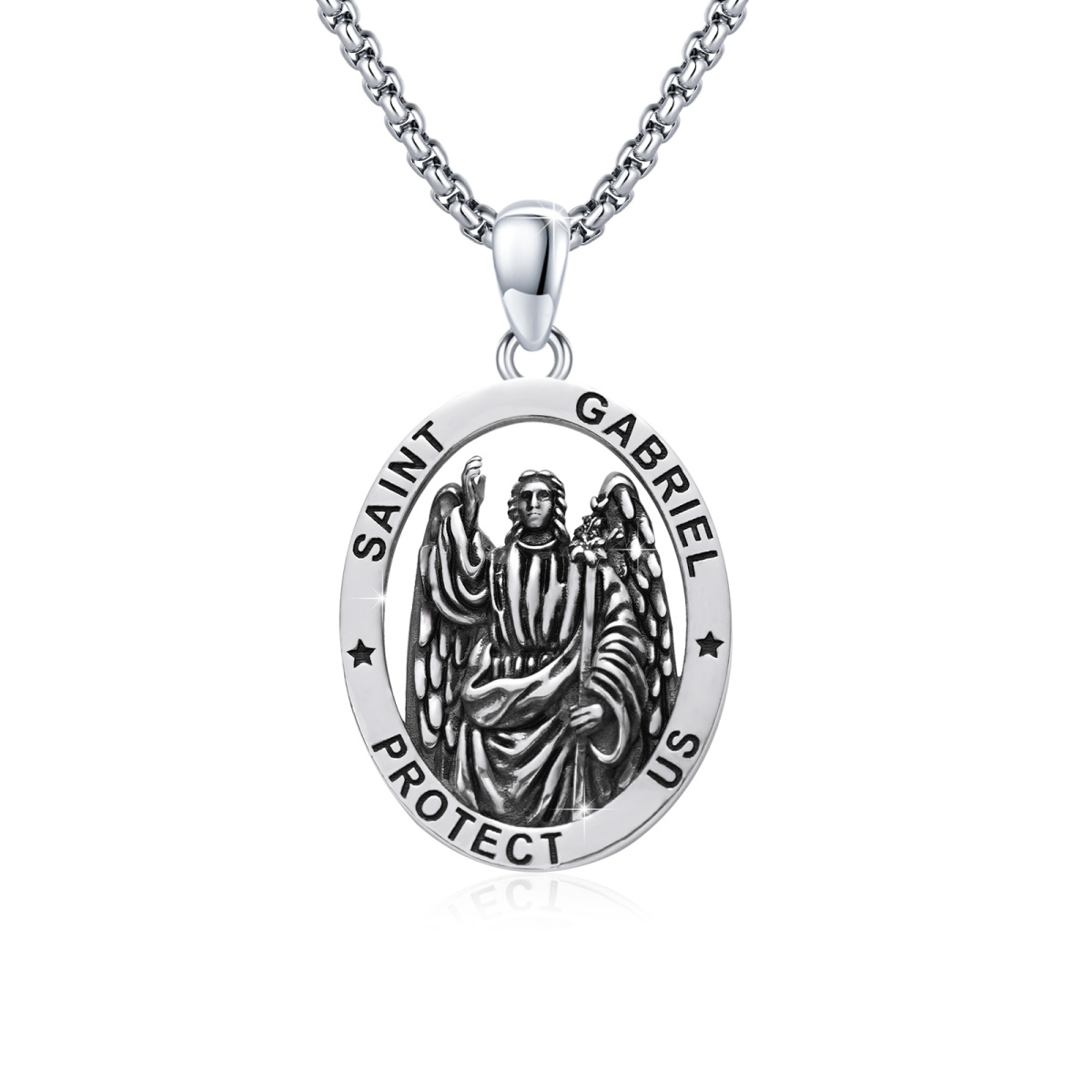 Sterling Silver Saint Gabriel Pendant Necklace with Engraved Word-1