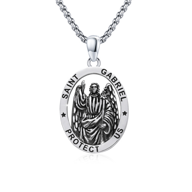 Sterling Silver Saint Gabriel Pendant Necklace with Engraved Word-0