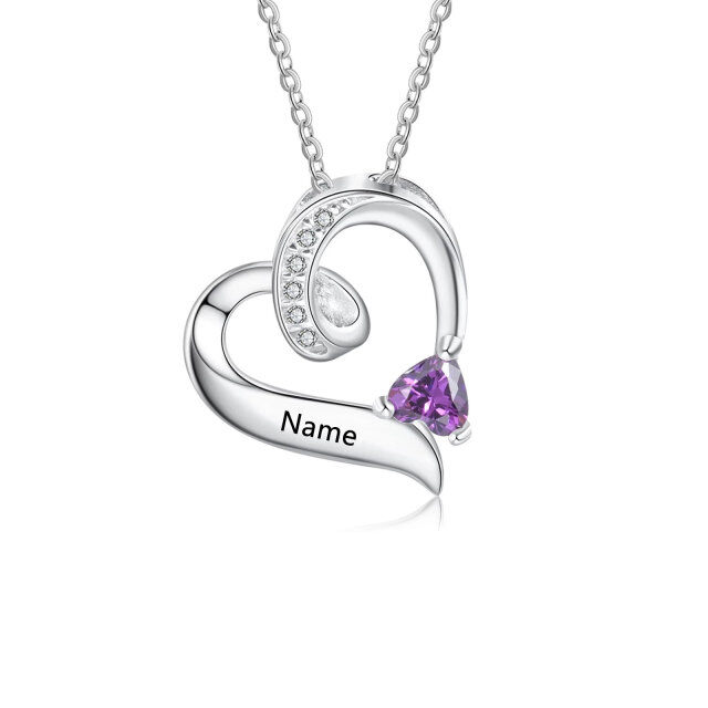 10K Gold Heart Shaped Cubic Zirconia Personalized Birthstone & Heart Pendant Necklace-1