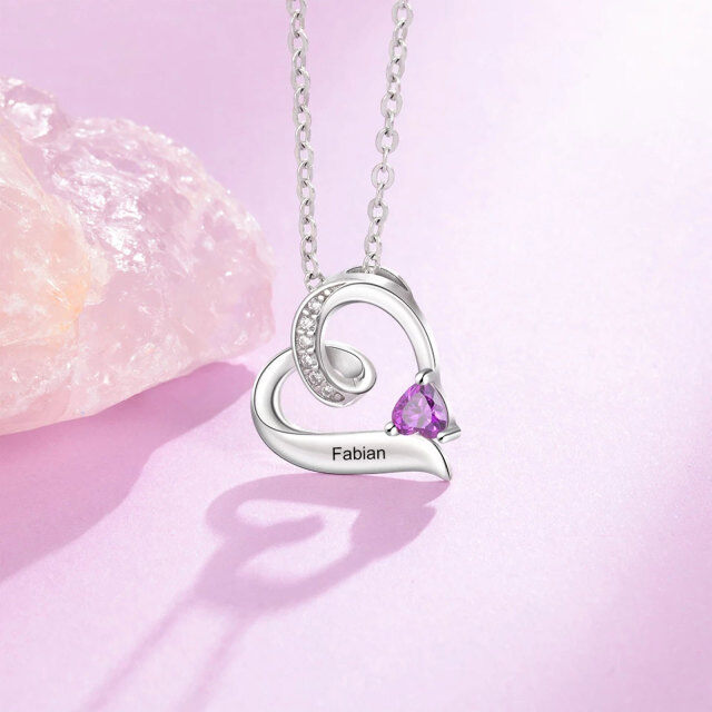 10K Gold Heart Shaped Cubic Zirconia Personalized Birthstone & Heart Pendant Necklace-3