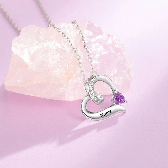 10K Gold Heart Shaped Cubic Zirconia Personalized Birthstone & Heart Pendant Necklace-4