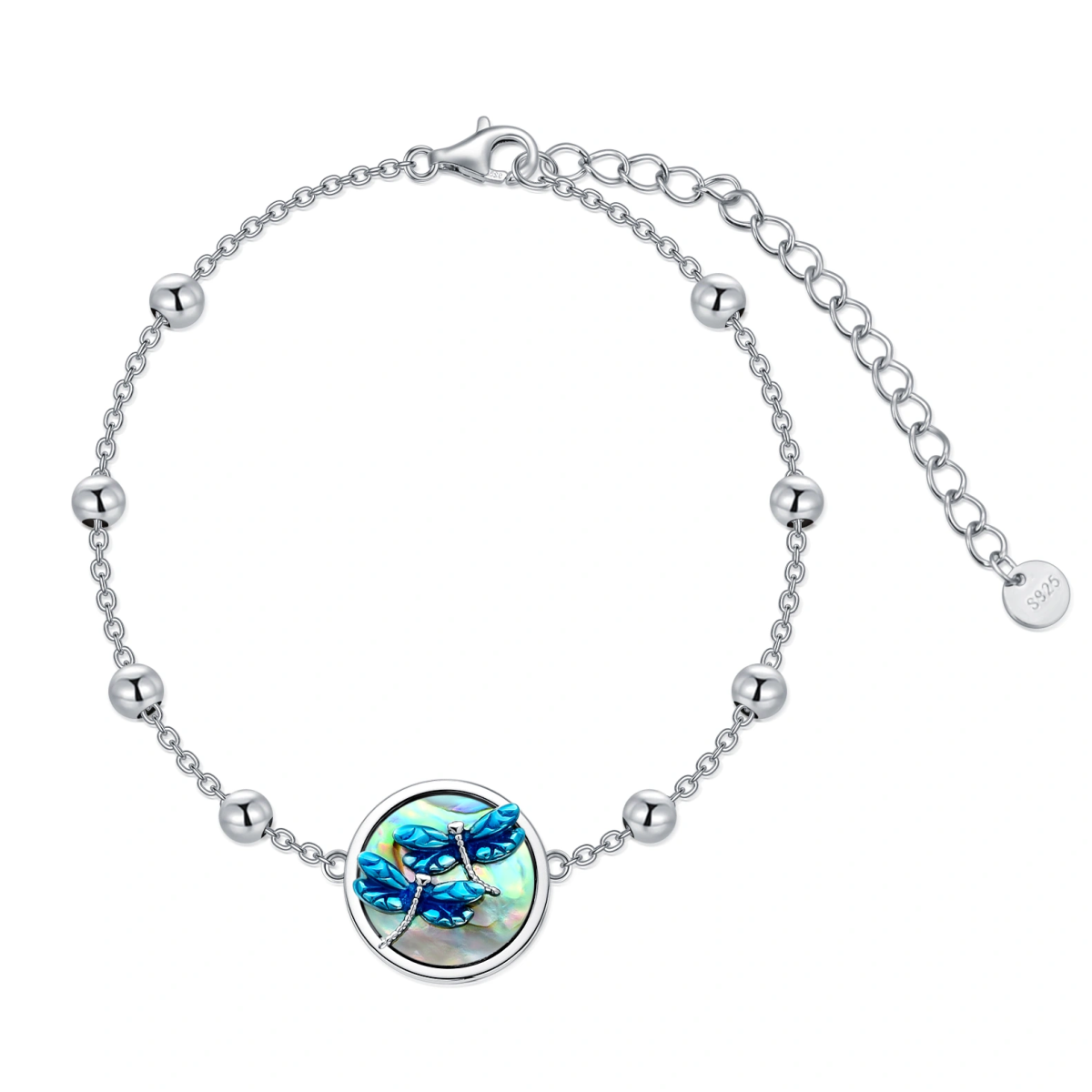 Bracelet en argent sterling avec pendentif libellule en forme de coquillage abalone rond-1