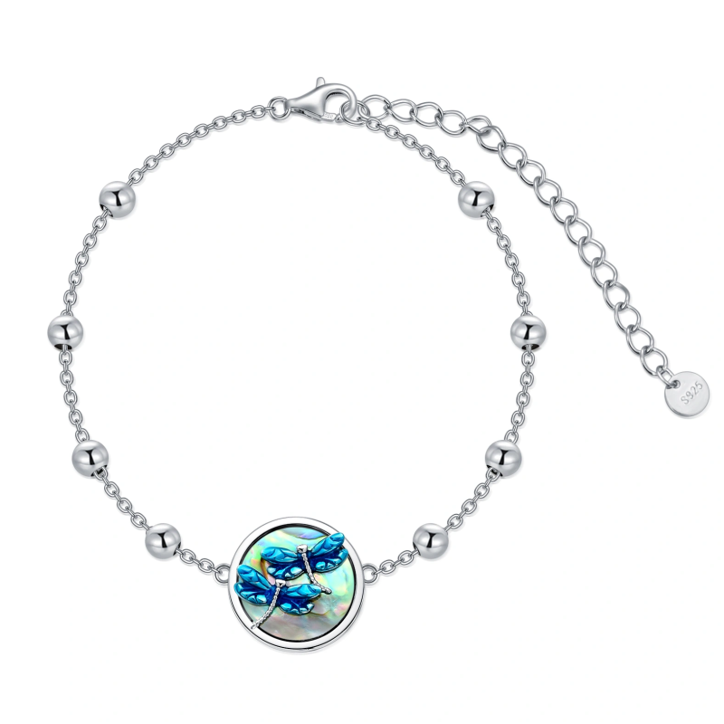 Bracelet en argent sterling avec pendentif libellule en forme de coquillage abalone rond