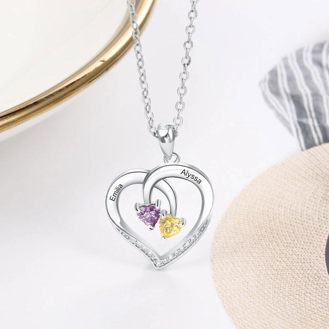 10K Gold Cubic Zirconia Heart Personalized Name and Birthstone Pendant Necklace-1