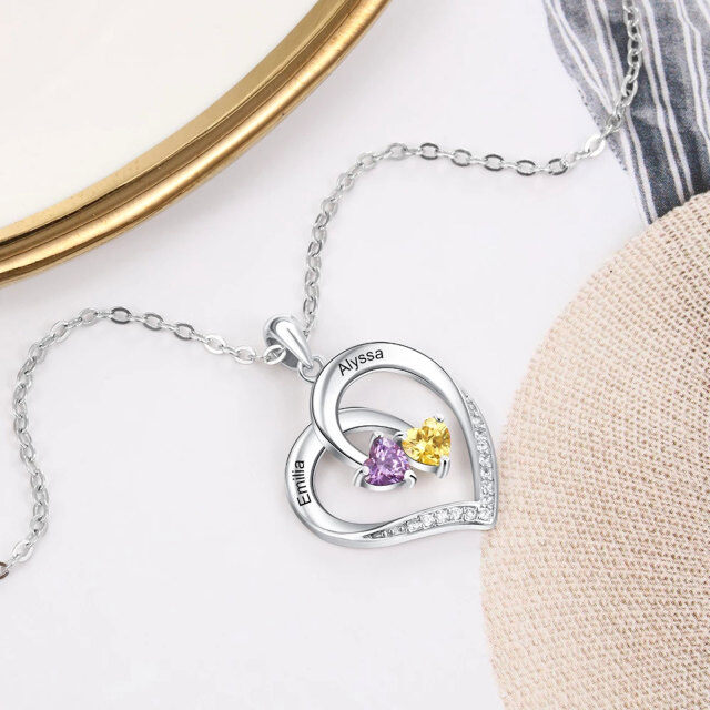 10K Gold Cubic Zirconia Heart Personalized Name and Birthstone Pendant Necklace-2