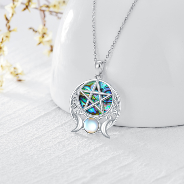 Sterling Silver Moonstone & Abalone Shellfish Moon & Pentagram Pendant Necklace-2