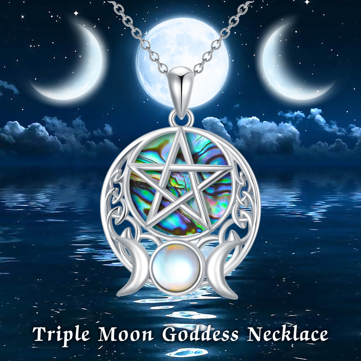 Sterling Silver Moonstone & Abalone Shellfish Moon & Pentagram Pendant Necklace-6