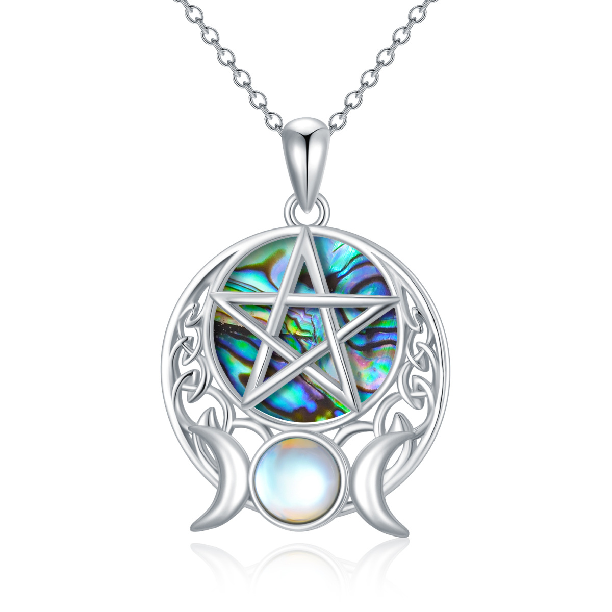 Sterling Silver Moonstone & Abalone Shellfish Moon & Pentagram Pendant Necklace-1