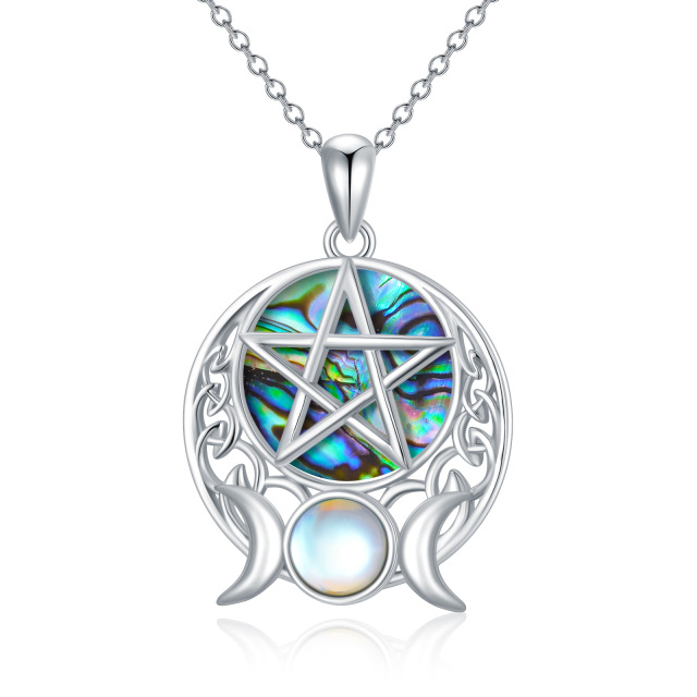 Sterling Silver Moonstone & Abalone Shellfish Moon & Pentagram Pendant Necklace-0