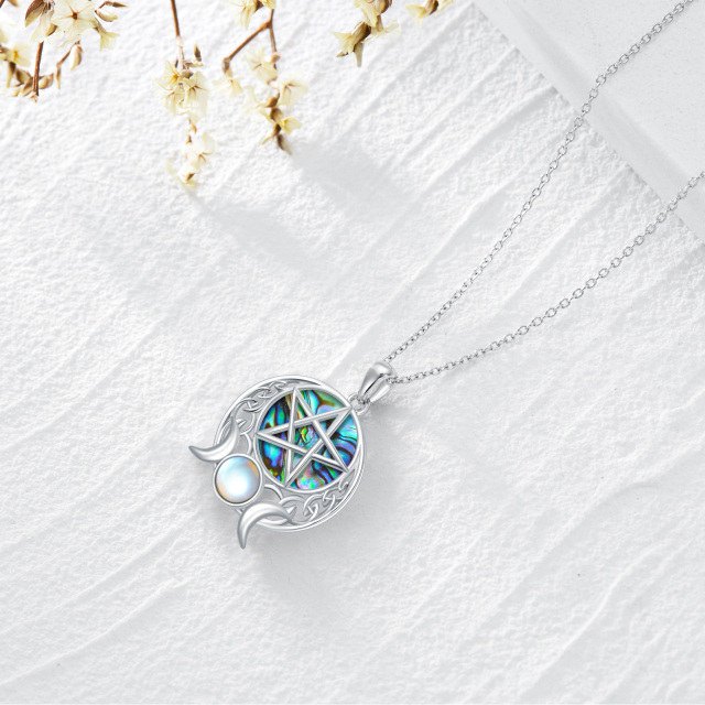 Sterling Silver Moonstone & Abalone Shellfish Moon & Pentagram Pendant Necklace-3