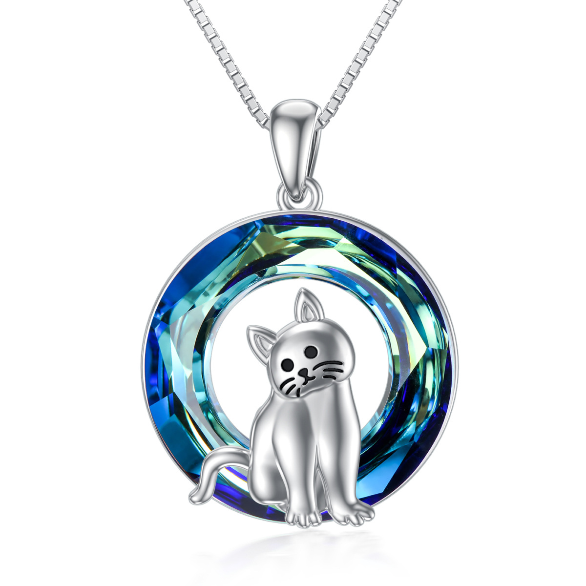 Sterling Silver Cat Blue Circle Crystal Pendant Necklace-1