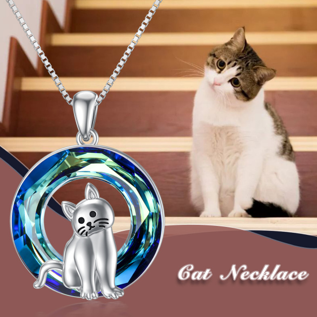 Sterling Silver Cat Blue Circle Crystal Pendant Necklace-2
