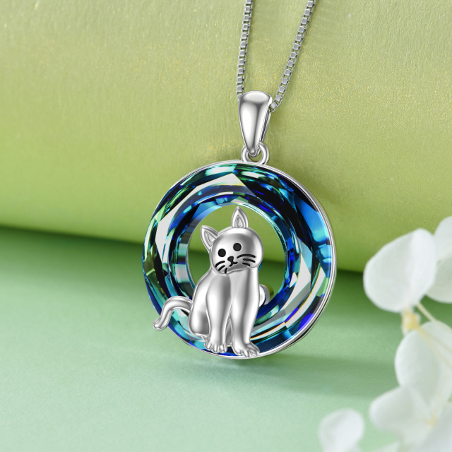 Sterling Silver Cat Blue Circle Crystal Pendant Necklace-3