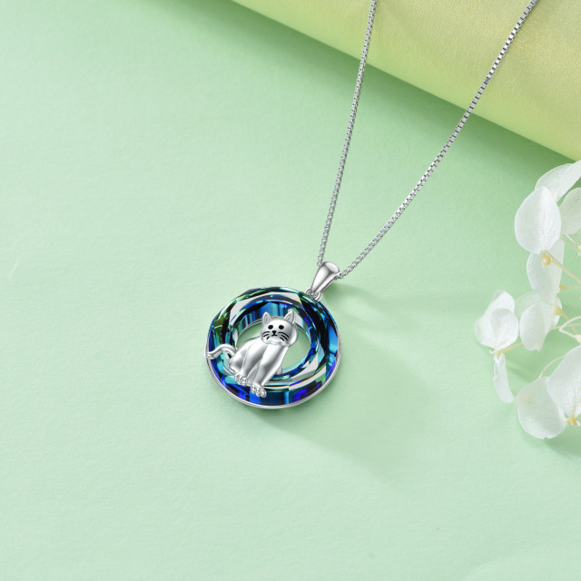 Colar de prata esterlina com pingente de cristal de círculo azul de gato-4