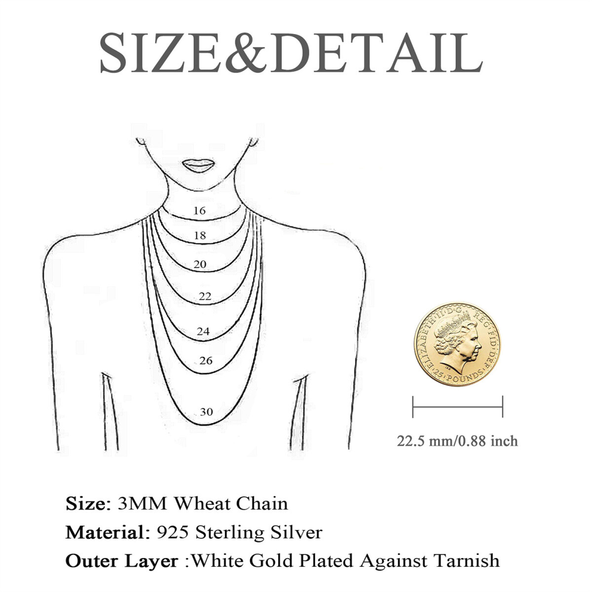 Sterling Silber Weizen Kette Halskette für Männer-5