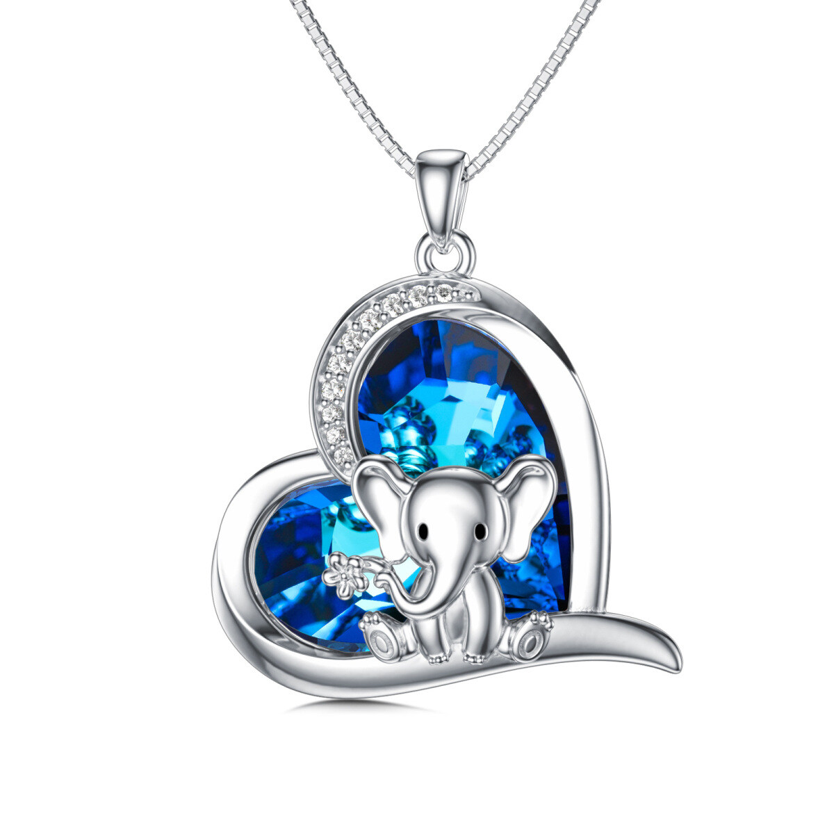 Sterling Silver Heart Shaped Elephant & Heart Crystal Pendant Necklace-1