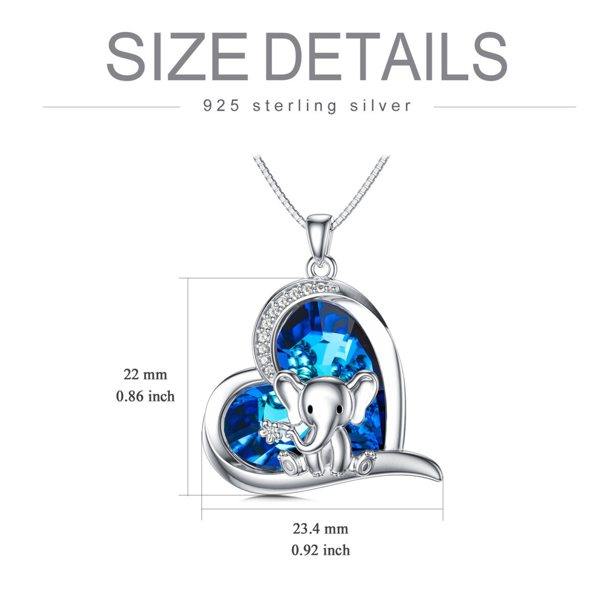 Collar colgante de plata de ley con forma de corazón de elefante y corazón de cristal-5