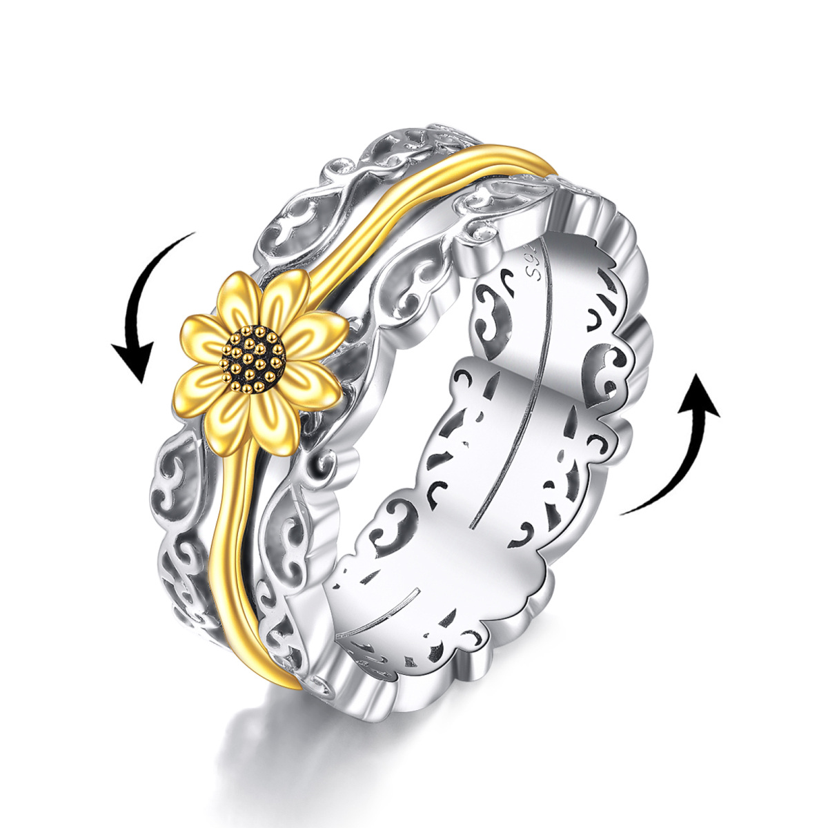 Sterling Silver Two-tone & Personalized Engraving Sunflower Spinner Ring-1