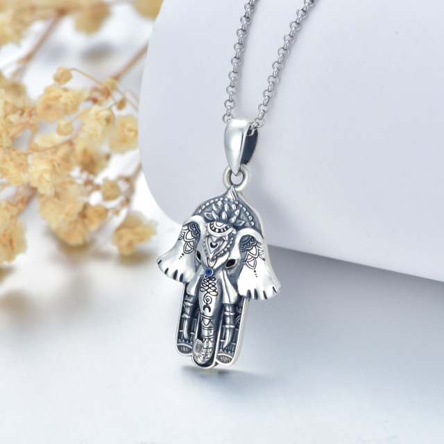 Sterling Silver Vintage Elephant & Hamsa Hand Lotus Pendant Necklace-2