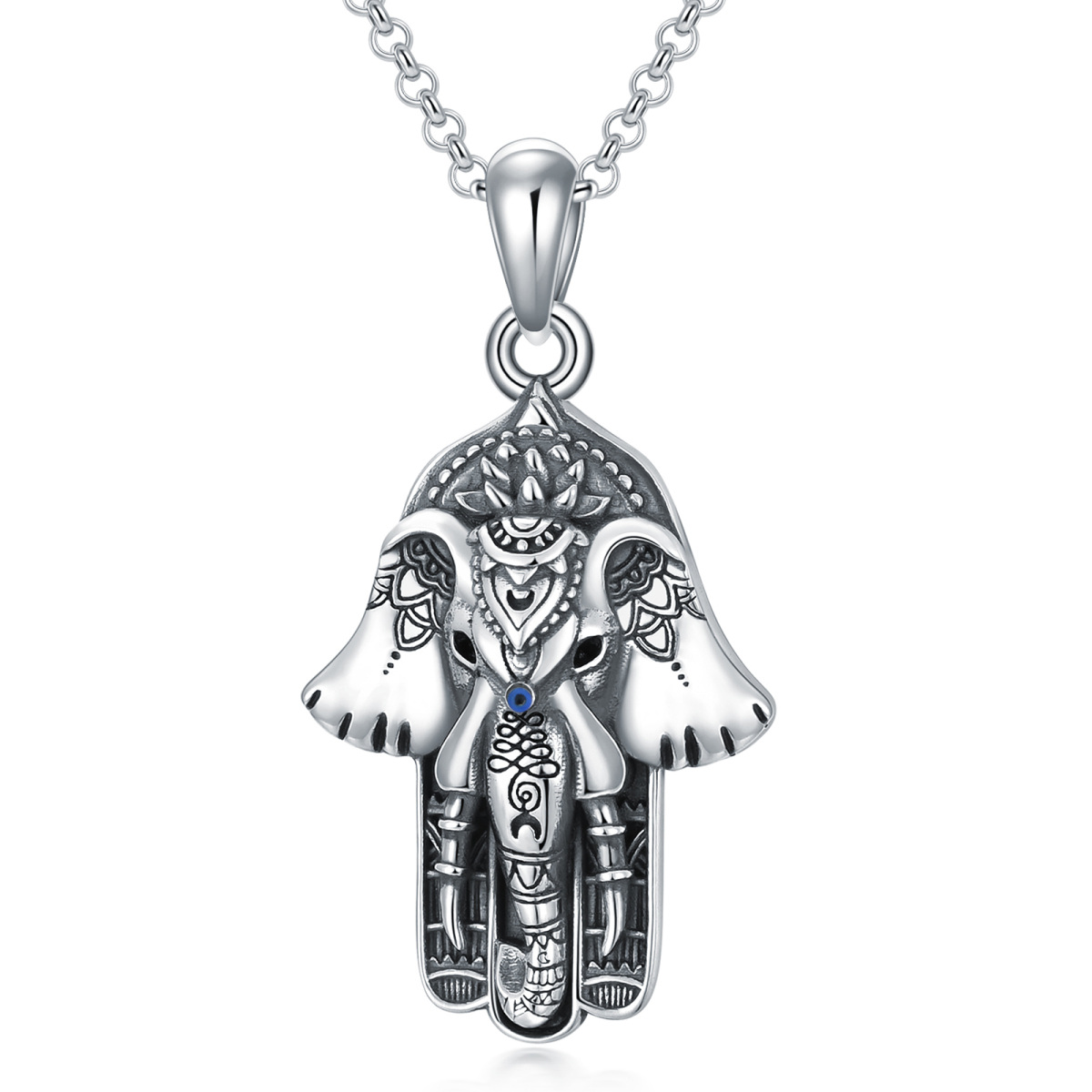 Sterling Silber Vintage Elefant & Hamsa Hand Lotus Anhänger Halskette-1