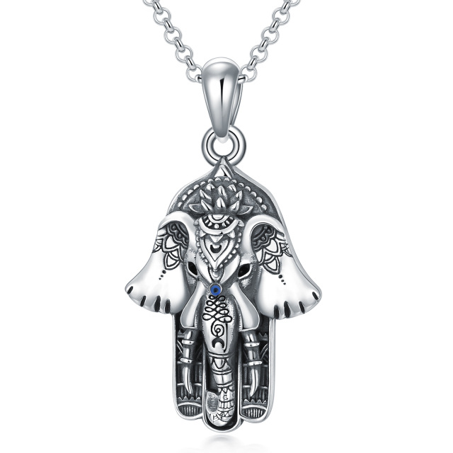 Sterling Silver Vintage Elephant & Hamsa Hand Lotus Pendant Necklace-1