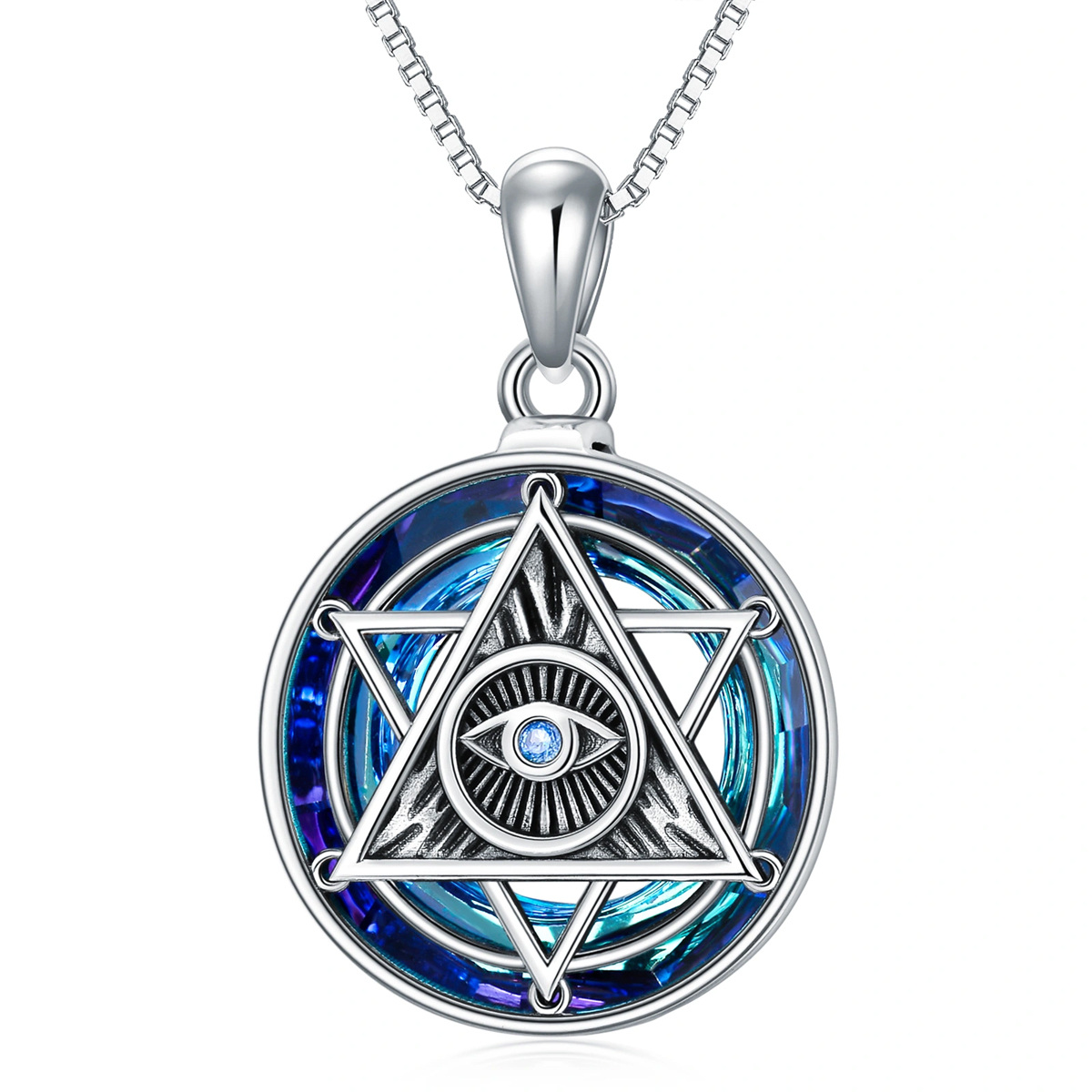 Sterling Silber kreisförmig Böses Auge & Pentagramm Kristall Anhänger Halskette-1