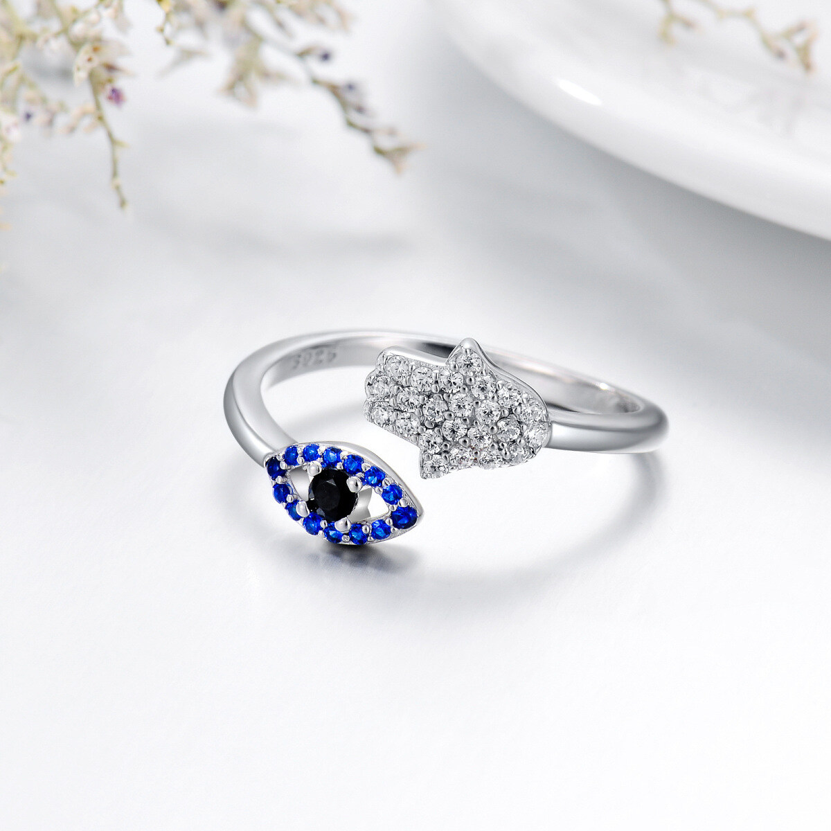 Sterling Silver Cubic Zirconia Evil Eye & Hamsa Hand Open Ring-3