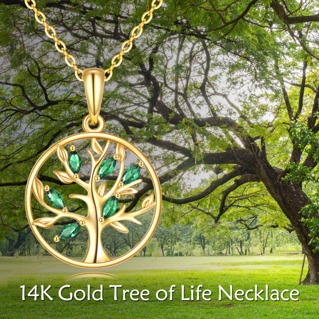 14K Gold Oval Shaped Cubic Zirconia Tree Of Life Pendant Necklace-1