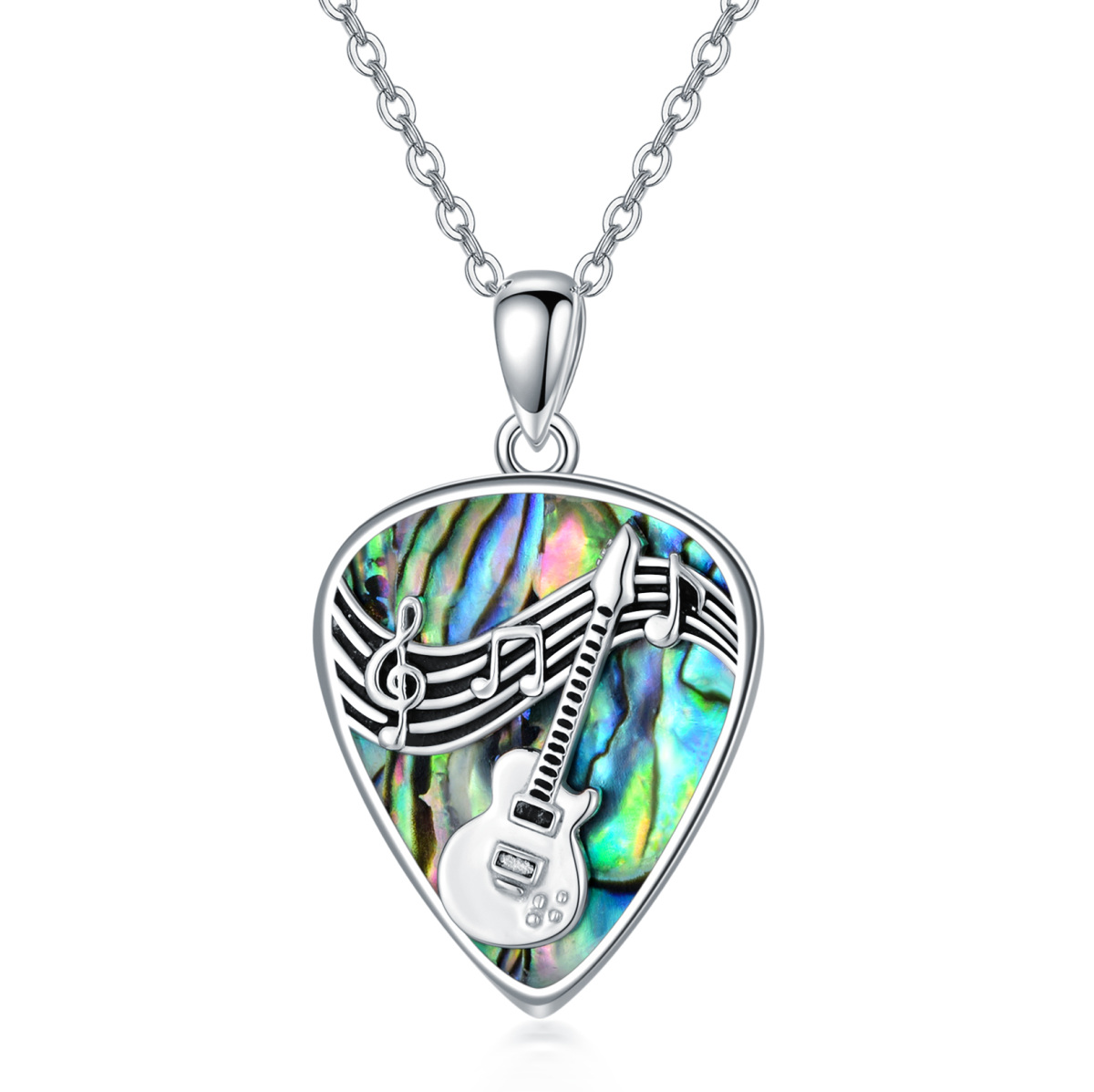 Sterling Silver Abalone Shellfish Guitar Pendant Necklace-1